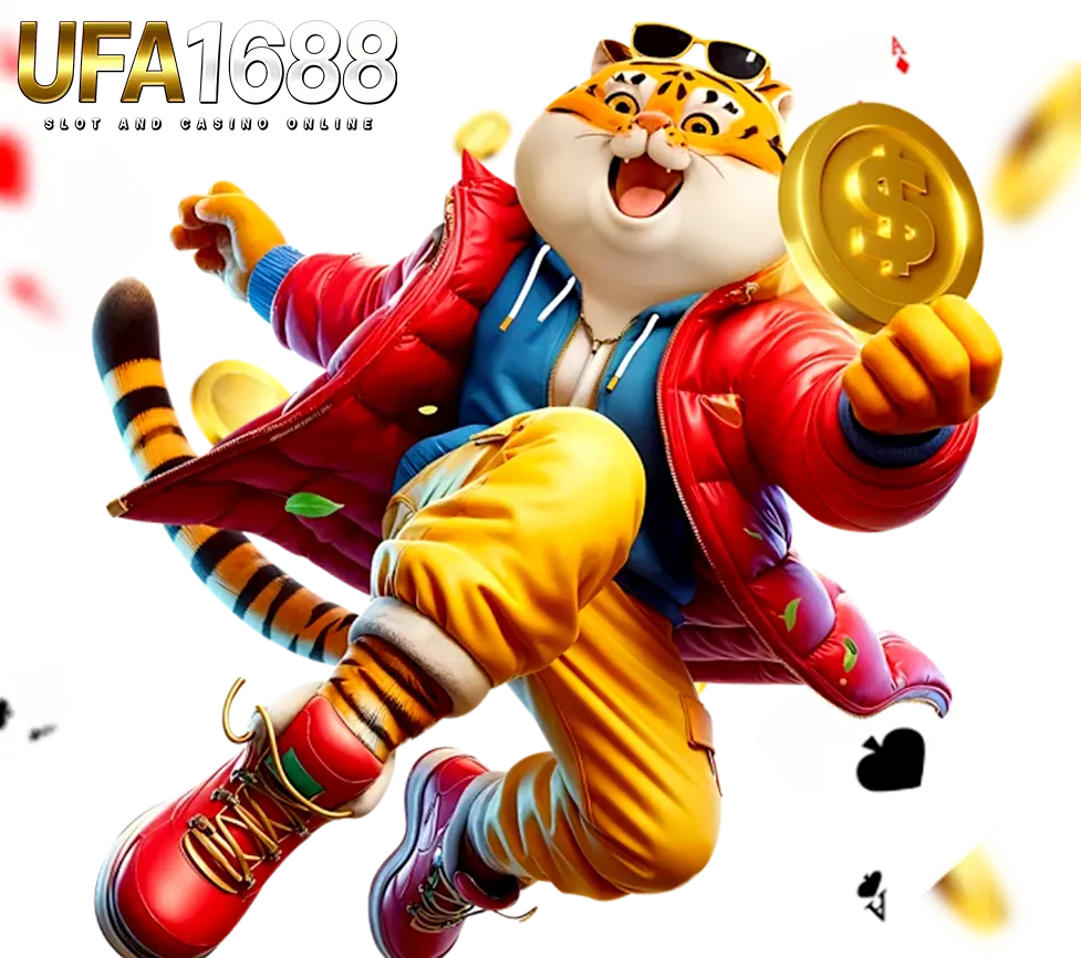 ตัวละครเสือการ์ตูนสีสดใสถือเหรียญทองกระโดดอยู่บนพื้นหลังคาสิโน UFA1688