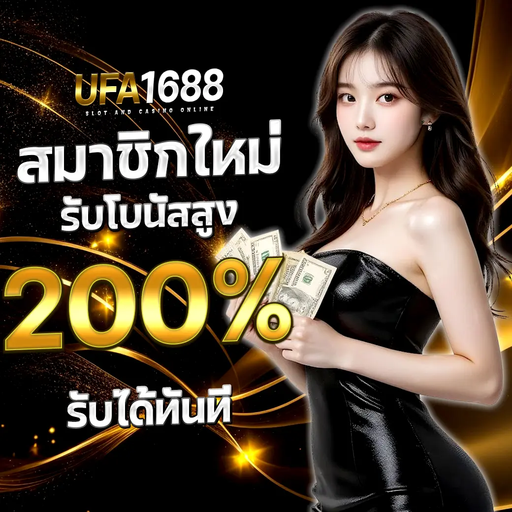 UFA1688 โปรโมชั่นสมาชิกใหม่ รับโบนัสสูง 200% พร้อมสาวสวยถือเงิน ธีมดำทองสุดหรู